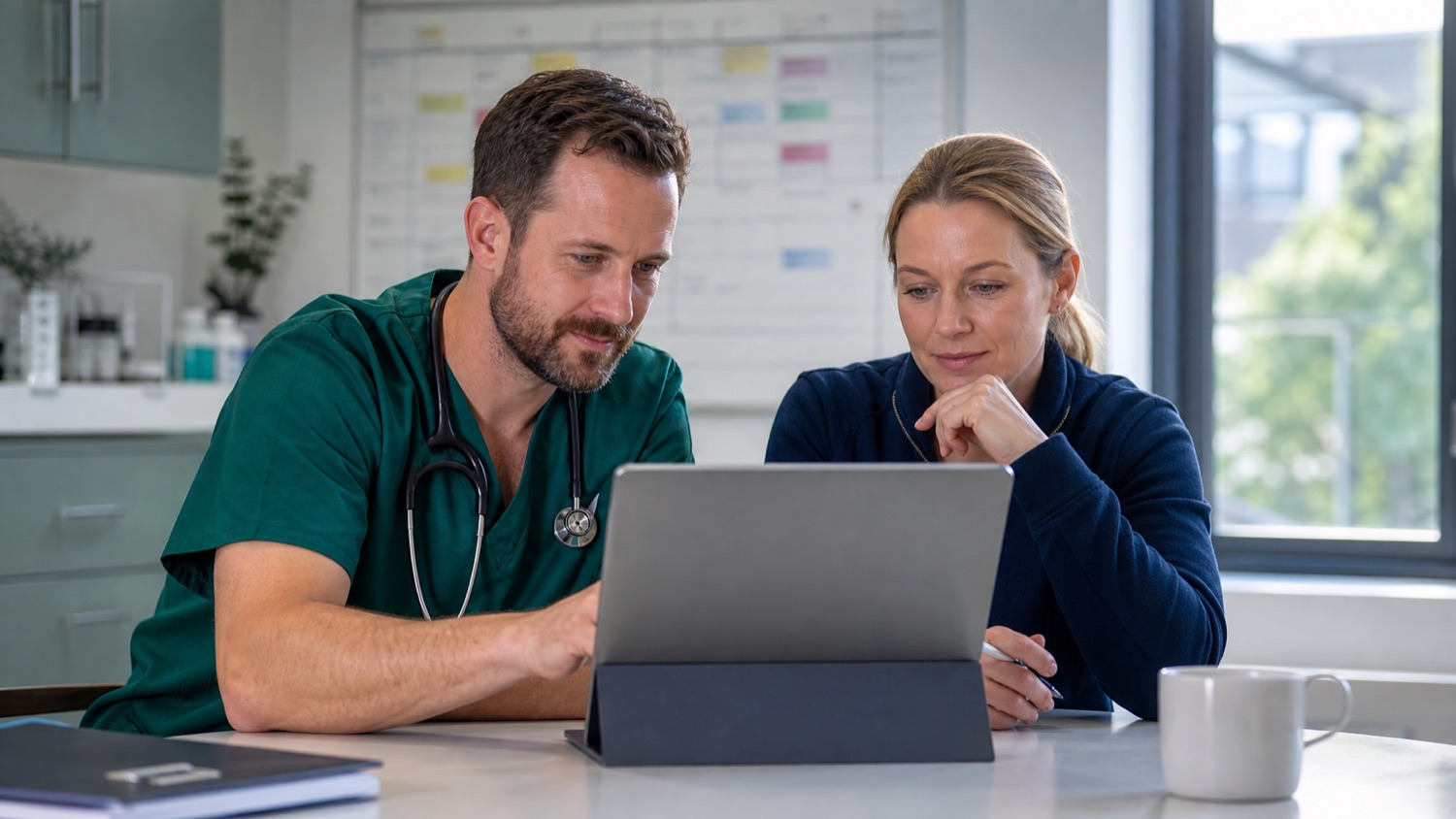 Veterinary team reviewing staffing cover options on a laptop