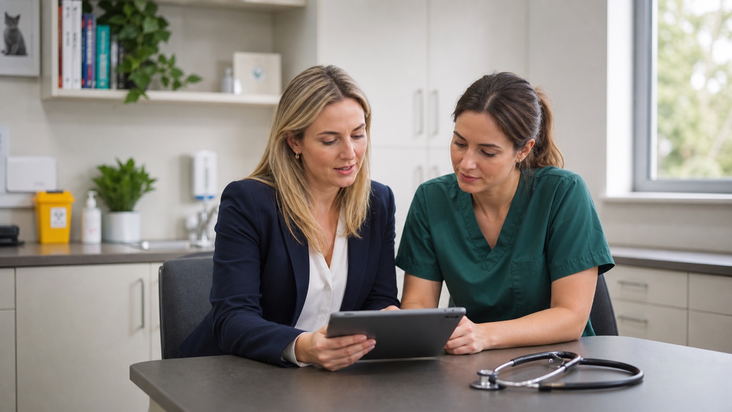 Veterinary recruiter and clinician reviewing a UK vacancy brief on a tablet