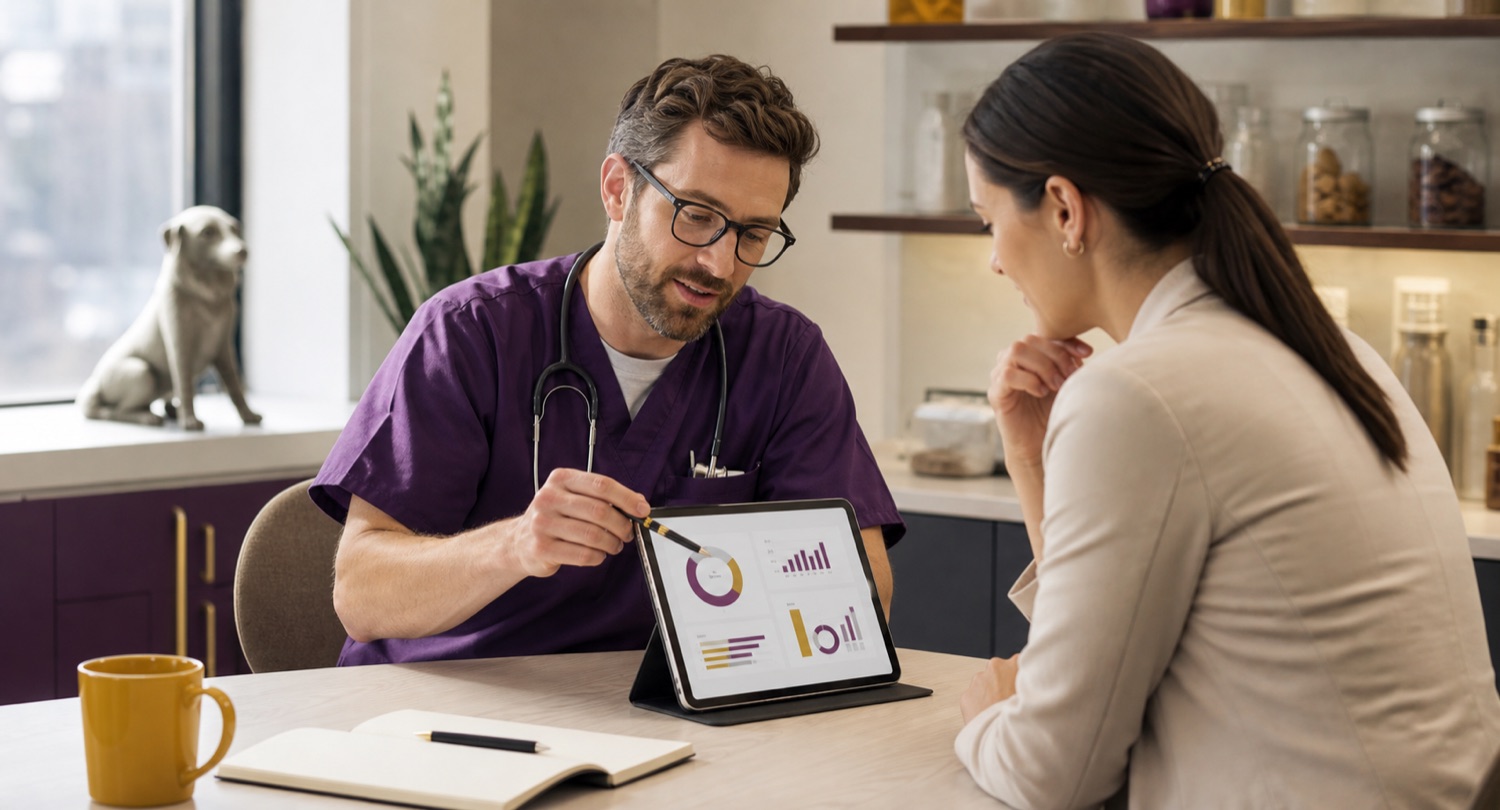 Veterinarian and consultant reviewing compensation context and schedule expectations in a veterinary practice