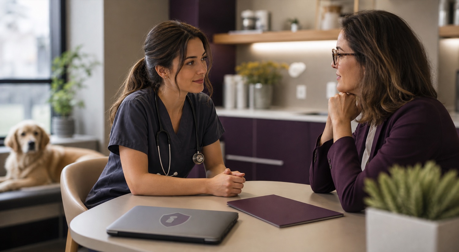 Veterinary professional speaking privately with a consultant during a confidential job search conversation