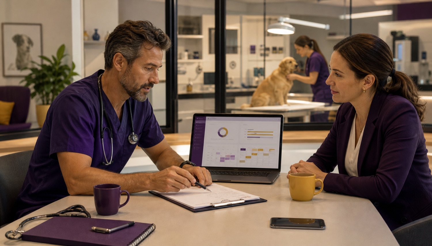 Veterinarian and recruiter reviewing an animal hospital vacancy brief in a modern veterinary practice